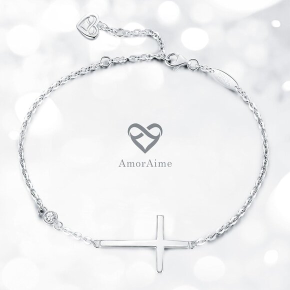 925 Sterling Silver Cross & CZ Faith Bracelet for Women 15 Inch Adjustable - Picture 3 of 6